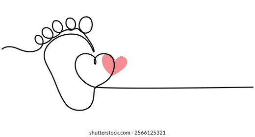 Continuous single line Baby foot one line style. Hand drawing. stock illustration, Little kids feet. Tiny foots. One single line drawing of feet. Continuous line. Hand-drawn design
 for posters.