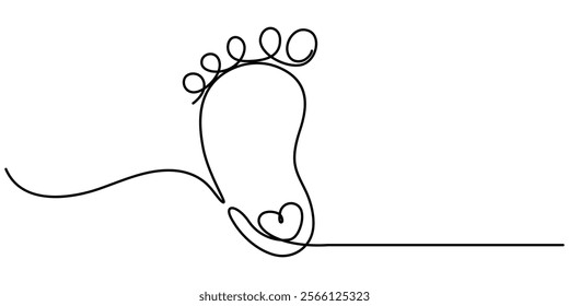 Continuous single line Baby foot one line style. Hand drawing. stock illustration, Little kids feet. Tiny foots. One single line drawing of feet. Continuous line. Hand-drawn design
 for posters.