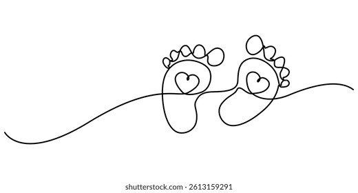 Continuous single line Baby foot one line style. Hand drawing. vector stock illustration, Little kids feet. Tiny foots. One single drawing of feet, Print Foot single art, continuous one line drawing.