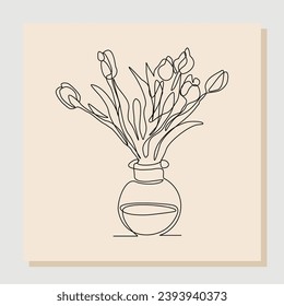 Continuous single line of beautiful romantic aesthetic flower in vase glass jar. One line art of romantic flower bouquet decoration vector illustration