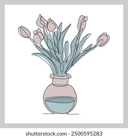 Continuous single line of beautiful romantic aesthetic flower in vase glass jar. One line art of romantic flower bouquet decoration vector illustration