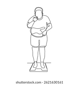 Continua sola línea de gran peso sobre el hombre gordo escala su peso. Estilo de vida de dibujo de boceto saludable Ilustración vectorial de trazo editable