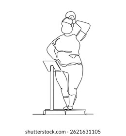 Continuous single line of big over weight fat man scale his weight. Lifestyle healthy sketch drawing editable stroke vector illustration
