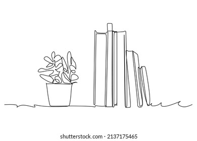 continuous single line book and plant on the table drawing. mountain peak landscape background. Line art drawing with abstract shape. Plant Art design for print, cover, wallpaper