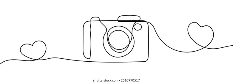Continuous single line camera with hearts one line art drawing illustration art on camera