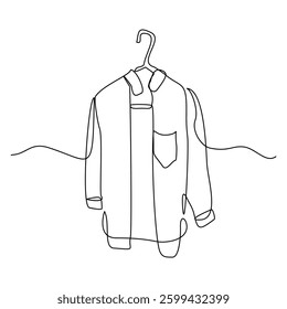 Continuous single line of clothes hanging and drying with hanger. Laundry fashion concept sketch drawing editable stroke vector illustration