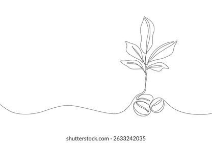 Continuous single line coffee bean. Abstract coffee seeds with leaves, simple coffee shop symbol, caffeine drink logo graphic design. Minimalist vector illustration.