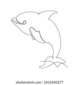 Continuous single line of cute dolphin outline vector art drawing and illustration