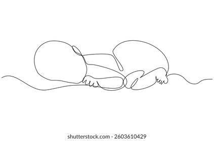 Continuous single line of cute new born baby sleeping and lying on bed. Kid childhood sketch drawing editable stroke vector illustration