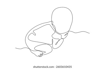 Continuous single line of cute new born baby sleeping and lying on bed. Kid childhood sketch drawing editable stroke vector illustration