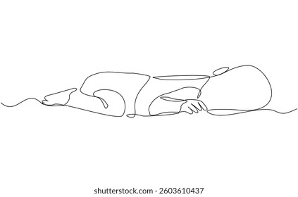 Continuous single line of cute new born baby sleeping and lying on bed. Kid childhood sketch drawing editable stroke vector illustration