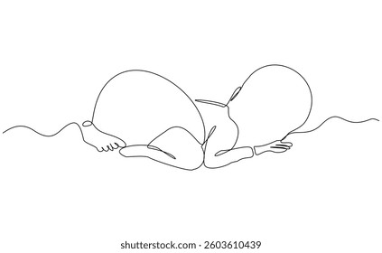 Continuous single line of cute new born baby sleeping and lying on bed. Kid childhood sketch drawing editable stroke vector illustration