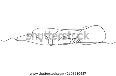 Continuous single line of cute new born baby sleeping and lying on bed. Kid childhood sketch drawing editable stroke vector illustration