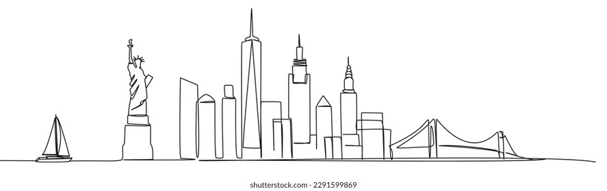 continuous single line drawing of abstract New York City skyline, line art NYC city scape vector illustration