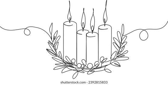 continuous single line drawing of advent wreath with four candles burning, christmas concept line art vector illustration