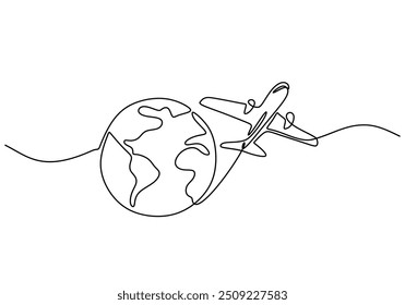 Desenho contínuo de uma única linha de um avião a voar em torno da Terra. Simboliza viagens globais em um design minimalista.