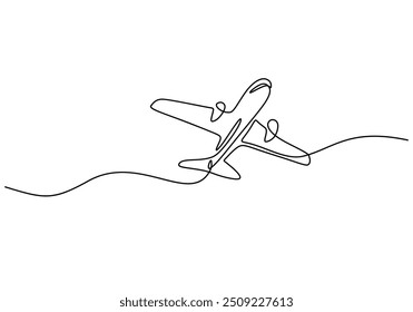 Desenho contínuo de uma única linha de um avião. Apresenta a aeronave em um design simples e elegante desenhado à mão.