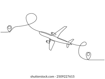 Continuous single line drawing of an airplane with a place mark icon for destination. Represents air travel with a minimalist design.