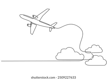 Continuous single line drawing of an airplane in the clouds. Captures the aircraft flying through the clouds in a minimalist design.