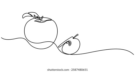 continuous single line drawing of an apple, line art vector illustration, Continuous linear drawing of apple. One line drawing apple. Apple in one line style. Vector illustration. A simple continuous.