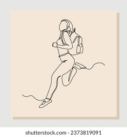 continuous single line drawing art of college campus happy student woman jumping with bag backpack. vector illustration one line sketch of education back to school
