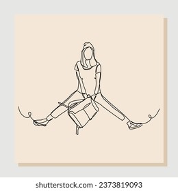 continuous single line drawing art of college campus happy student woman jumping with bag backpack. vector illustration one line sketch of education back to school