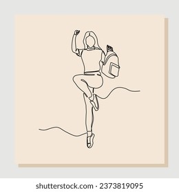 continuous single line drawing art of college campus happy student woman jumping with bag backpack. vector illustration one line sketch of education back to school