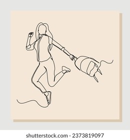 continuous single line drawing art of college campus happy student woman jumping with bag backpack. vector illustration one line sketch of education back to school