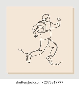 continuous single line drawing art of college campus happy student man jumping with bag backpack. vector illustration one line sketch of education back to school