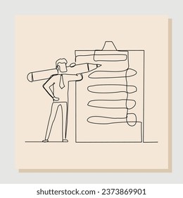 Continuous single line drawing art of businessman holding big pencil and big clip board of checklist paper. Vector illustration one line sketch of complete task list successful
