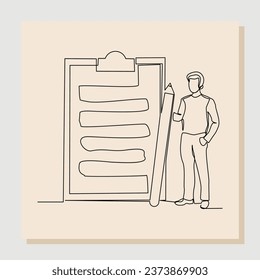 Continuous single line drawing art of businessman holding big pencil and big clip board of checklist paper. Vector illustration one line sketch of complete task list successful