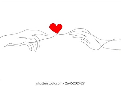 Continuous Single Line Drawing Line Art of hands and red heart big size. International Day of Hope. International Day of Charity. Vector illustration.