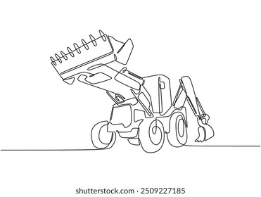 Dibujo continuo de una sola línea de una retroexcavadora de rueda articulada. Cuenta con un vehículo de construcción en un diseño de Vector elegante.