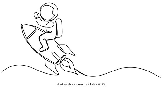 Continuous single line drawing of an astronaut riding a flying rocket ship waving hand Vector, illustration