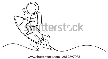 Continuous single line drawing of an astronaut riding a flying rocket ship waving hand Vector, illustration