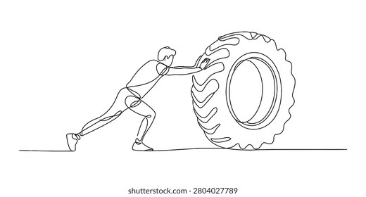 Continuous single line drawing of an athlete man pushing a heavy tire during crossfit workout in a gym fitness training Vector, illustration