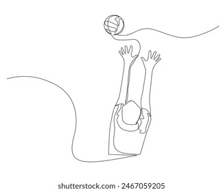 Continuous single line drawing of back view of a male volleyball player trying to block the opponent's ball. volleyball tournament event . Design illustration