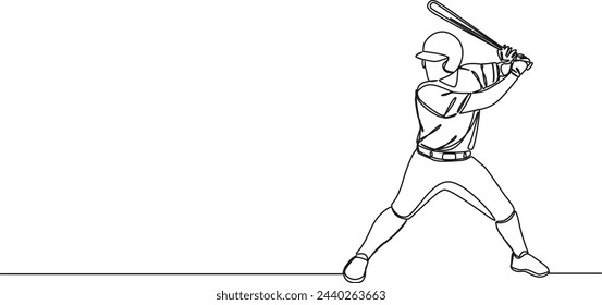 continuous single line drawing of baseball player swinging bat, line art vector illustration