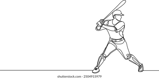 continuous single line drawing of baseball batter, line art vector illustration