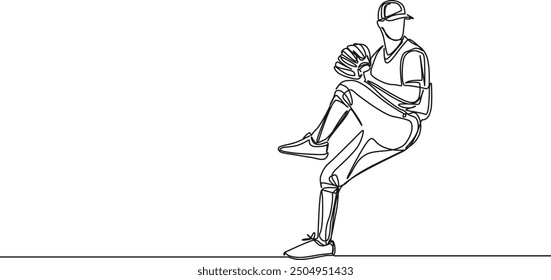 continuous single line drawing of baseball pitcher, line art vector illustration