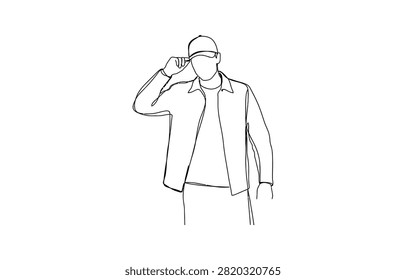 Continuous single line drawing of a baseball player wearing a glove and cap kneeling on the ground ready to catch a ball during a game