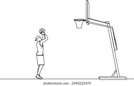 continuous single line drawing of basketball player shooting ball at hoop, line art vector illustration