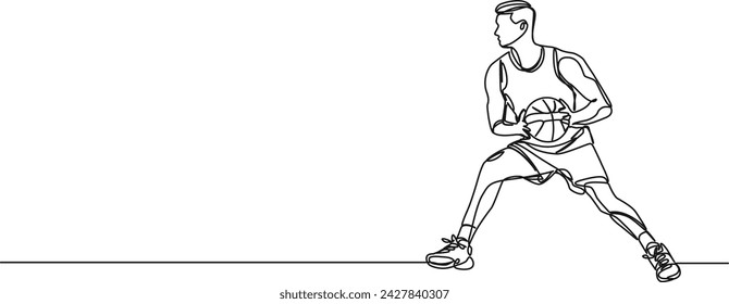 continuous single line drawing of basketball player, line art vector illustration