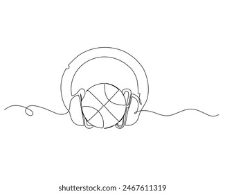 Continuous single line drawing of basketball image listening to music using an airphone. basketball tournament event . Design illustration