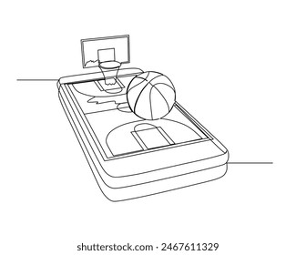 Continuous single line drawing of basketball on a smartphone with a basketball court in the background. basketball tournament event . Design illustration