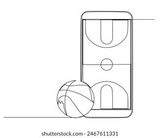 Dibujo continuo de una sola línea de baloncesto y smartphone. torneo de baloncesto evento . Ilustración de diseño