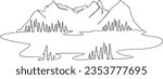 continuous single line drawing of beautiful mountain landscape with lake, line art vector illustration
