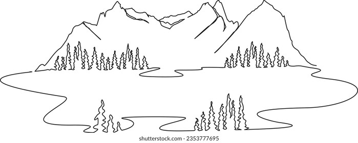 continuous single line drawing of beautiful mountain landscape with lake, line art vector illustration