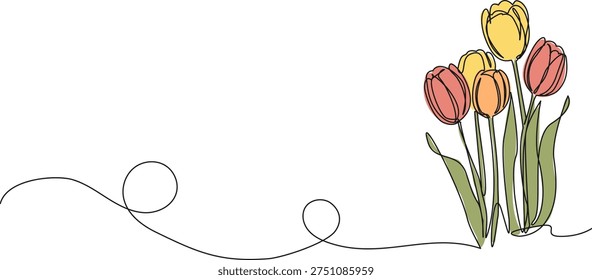 continuous single line drawing of beautiful tulips, line art vector illustration