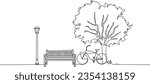 continuous single line drawing of bench under tree in public park, line art vector illustration